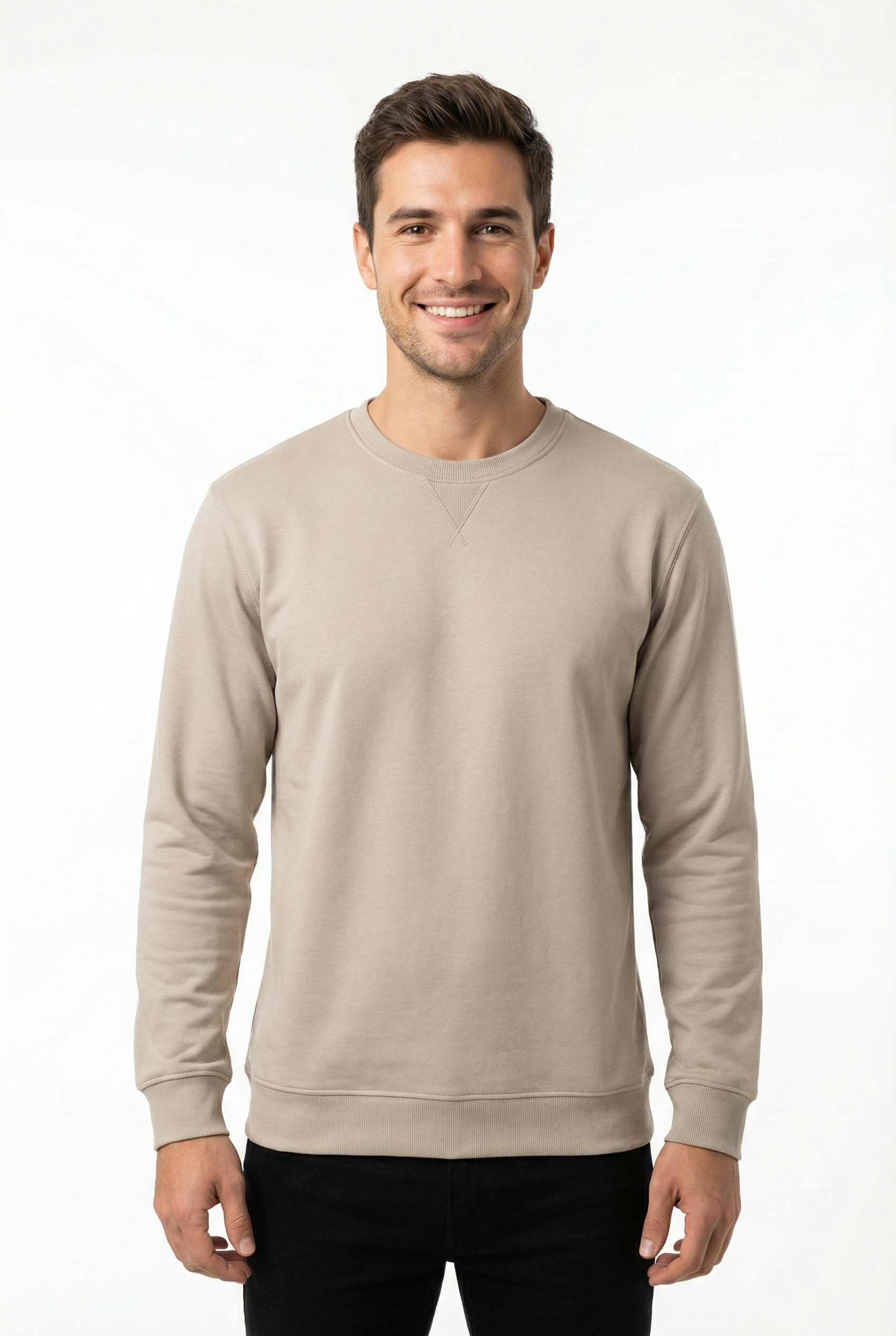 2 İplik Yaka Muska İşlemeli Compact Kumaş Bisiklet Yaka Sweatshirt