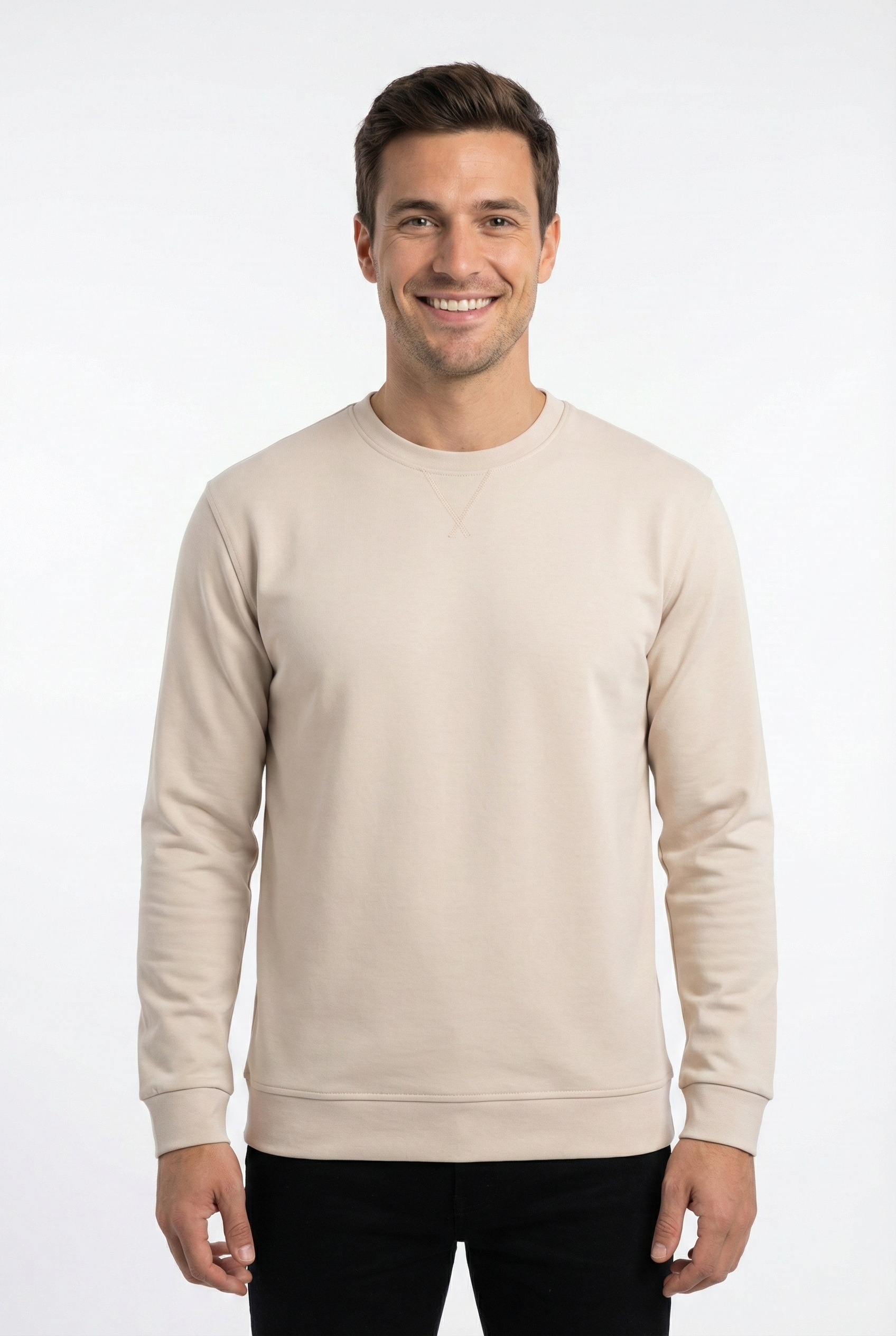 2 İplik Yaka Muska İşlemeli Compact Kumaş Bisiklet Yaka Sweatshirt