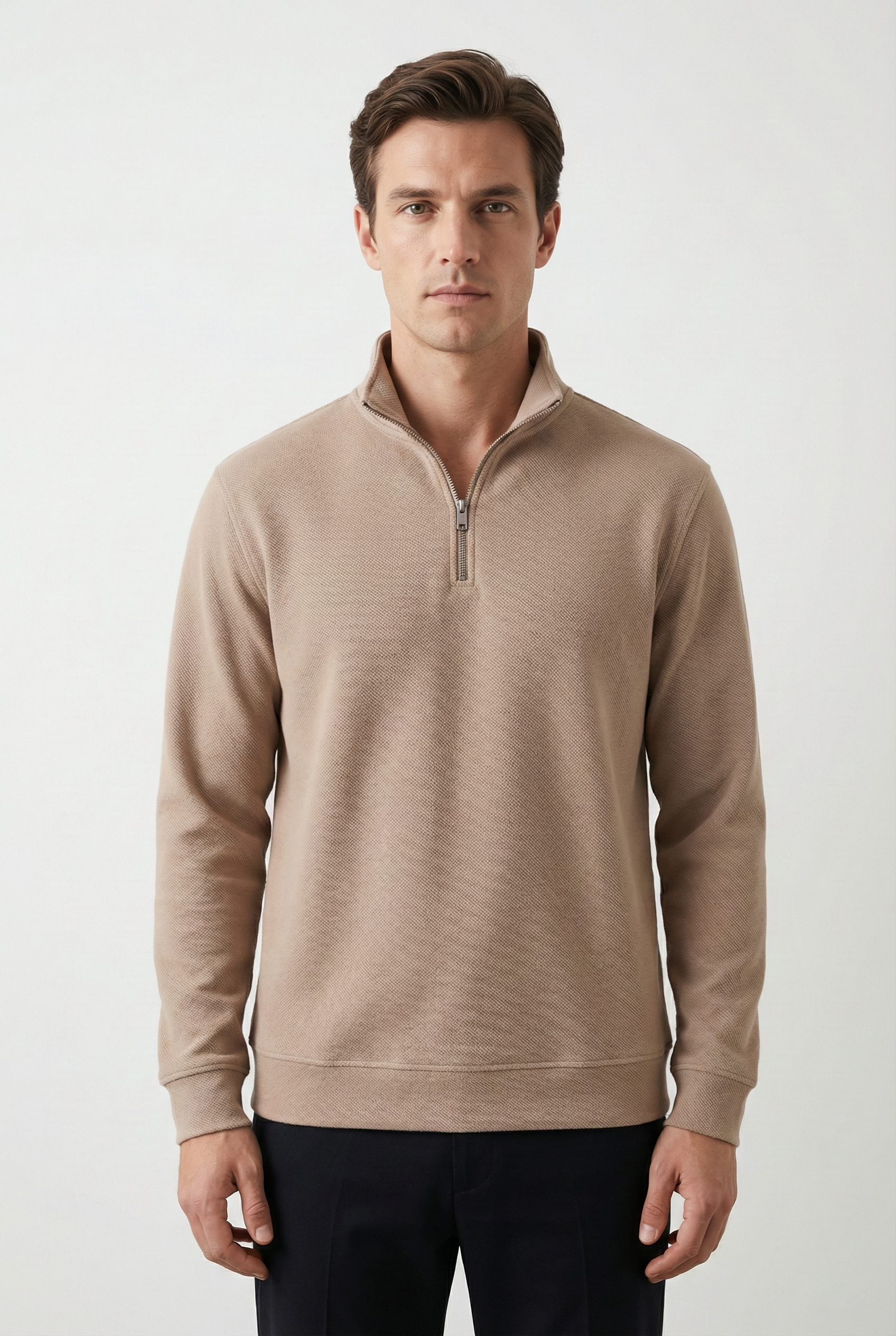 Dik Yaka Çakıl Kumaş Erkek Sweat